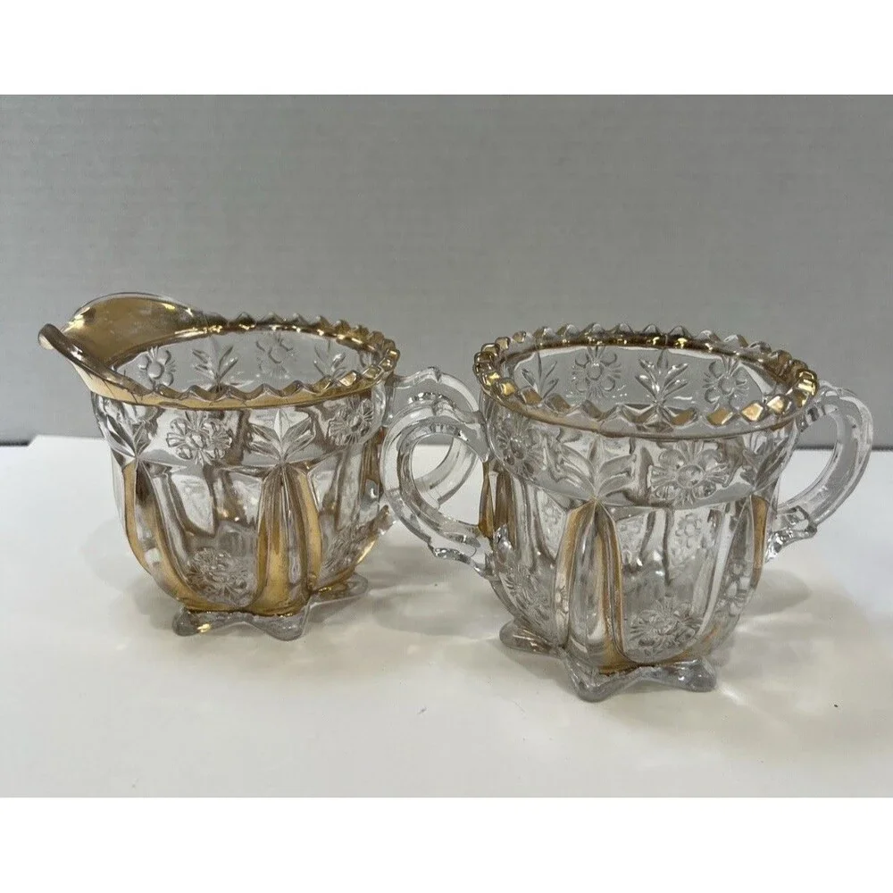 Antique 1897 EAPG Glass Sugar And Creamer Set Harvard Yard Gold Gilding Trim